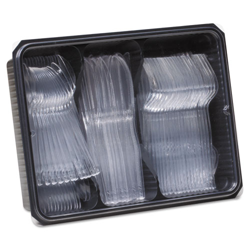 Picture of Cutlery Keeper Tray with Clear Plastic Utensils: 600 Forks, 600 Knives, 600 Spoons