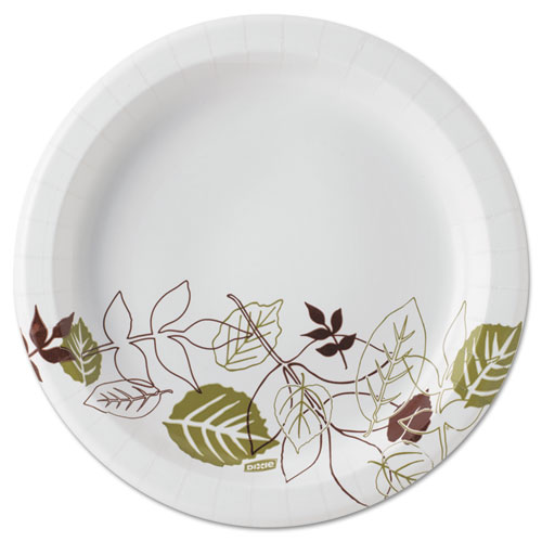 Picture of Pathways Soak-Proof Shield Mediumweight Paper Plates, 8.5" dia, Green/Burgundy, Dispenser Box, 300/Box, 2 Boxes/Carton