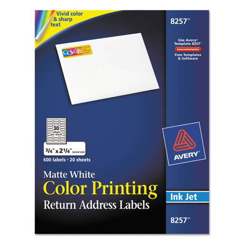 Picture of Vibrant Color Printing Mailing Labels, Inkjet Printers, 0.75 x 2.25, Matte White, 30/Sheet, 20 Sheets/Pack