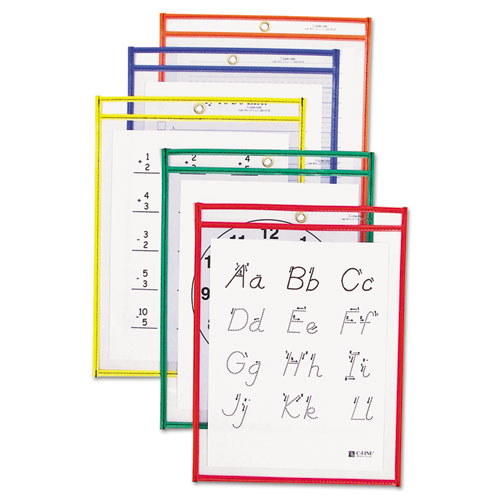 Picture of Reusable Dry Erase Pockets, 9 x 12, Assorted Primary Colors, 5/Pack