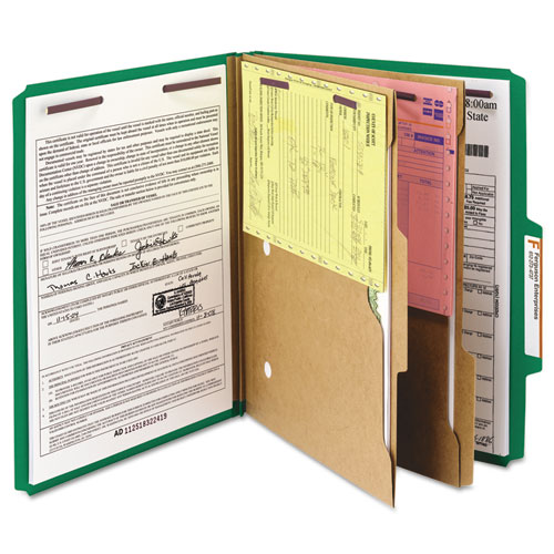 Picture of 6-Section Pressboard Top Tab Pocket Classification Folders, 6 SafeSHIELD Fasteners, 2 Dividers, Letter Size, Green, 10/Box