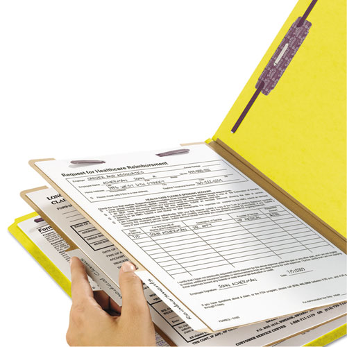 Picture of Six-Section Pressboard Top Tab Classification Folders, Six SafeSHIELD Fasteners, 2 Dividers, Legal Size, Yellow, 10/Box