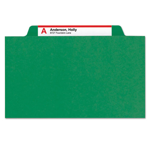 Picture of Eight-Section Pressboard Top Tab Classification Folders, Eight SafeSHIELD Fasteners, 3 Dividers, Letter Size, Green, 10/Box