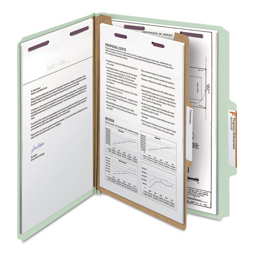 Picture of Pressboard Classification Folders, Four SafeSHIELD Fasteners, 2/5-Cut Tabs, 1 Divider, Letter Size, Gray-Green, 10/Box