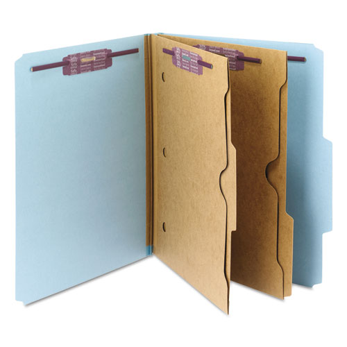 Picture of 6-Section Pressboard Top Tab Pocket Classification Folders, 6 SafeSHIELD Fasteners, 2 Dividers, Letter Size, Blue, 10/Box