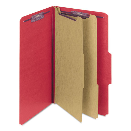 Picture of Six-Section Pressboard Top Tab Classification Folders, Six SafeSHIELD Fasteners, 2 Dividers, Legal Size, Bright Red, 10/Box