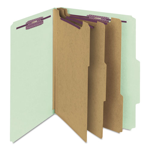 Picture of Pressboard Classification Folders, Eight SafeSHIELD Fasteners, 2/5-Cut Tabs, 3 Dividers, Letter Size, Gray-Green, 10/Box