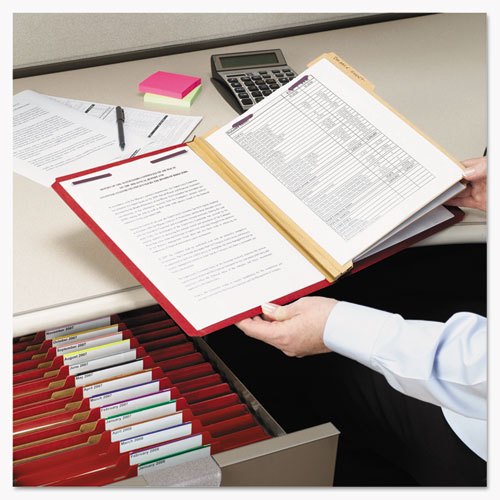 Picture of Six-Section Pressboard Top Tab Classification Folders, Six SafeSHIELD Fasteners, 2 Dividers, Legal Size, Bright Red, 10/Box