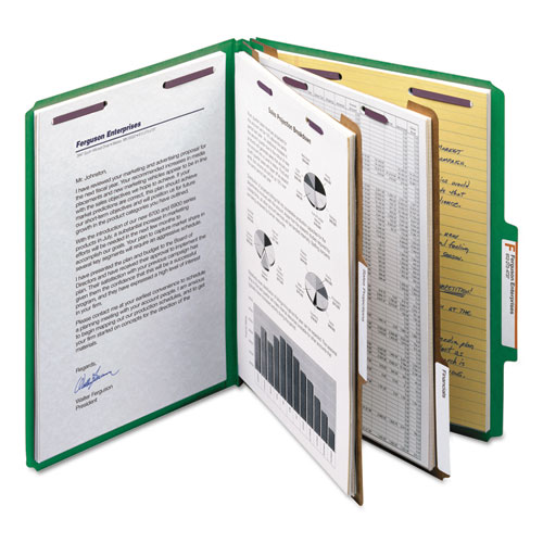 Picture of Six-Section Pressboard Top Tab Classification Folders, Six SafeSHIELD Fasteners, 2 Dividers, Letter Size, Green, 10/Box