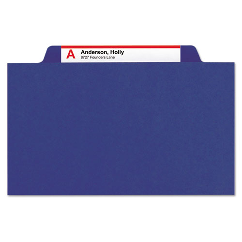 Picture of 6-Section Pressboard Top Tab Pocket Classification Folders, 6 SafeSHIELD Fasteners, 2 Dividers, Letter Size, Dark Blue, 10/BX