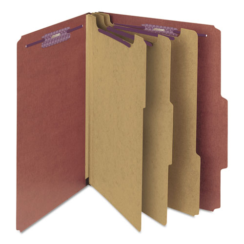 Picture of Pressboard Classification Folders, Eight SafeSHIELD Fasteners, 2/5-Cut Tabs, 3 Dividers, Letter Size, Red, 10/Box