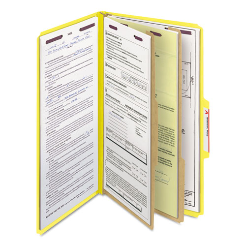 Picture of Six-Section Pressboard Top Tab Classification Folders, Six SafeSHIELD Fasteners, 2 Dividers, Legal Size, Yellow, 10/Box