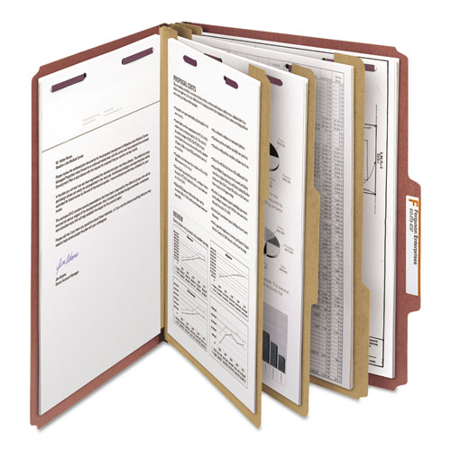 Picture of Pressboard Classification Folders, Eight SafeSHIELD Fasteners, 2/5-Cut Tabs, 3 Dividers, Letter Size, Red, 10/Box