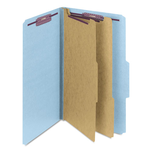 Picture of Six-Section Pressboard Top Tab Classification Folders, Six SafeSHIELD Fasteners, 2 Dividers, Legal Size, Blue, 10/Box