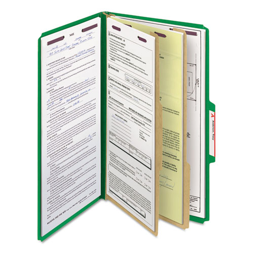 Picture of Six-Section Pressboard Top Tab Classification Folders, Six SafeSHIELD Fasteners, 2 Dividers, Legal Size, Green, 10/Box