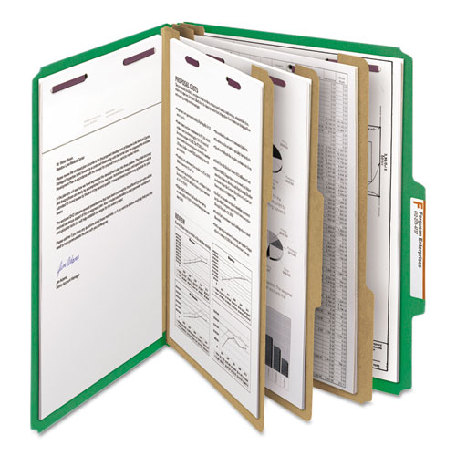 Picture of Eight-Section Pressboard Top Tab Classification Folders, Eight SafeSHIELD Fasteners, 3 Dividers, Letter Size, Green, 10/Box