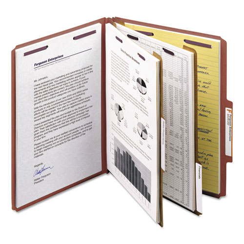 Picture of Pressboard Classification Folders, Six SafeSHIELD Fasteners, 2/5-Cut Tabs, 2 Dividers, Letter Size, Red, 10/Box