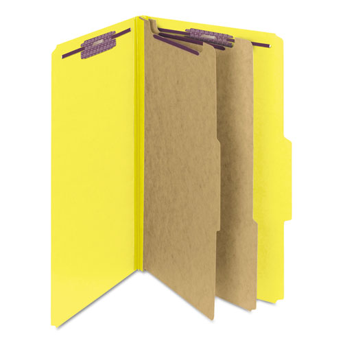 Picture of Six-Section Pressboard Top Tab Classification Folders, Six SafeSHIELD Fasteners, 2 Dividers, Legal Size, Yellow, 10/Box