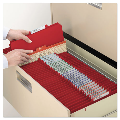 Picture of Six-Section Pressboard Top Tab Classification Folders, Six SafeSHIELD Fasteners, 2 Dividers, Legal Size, Bright Red, 10/Box