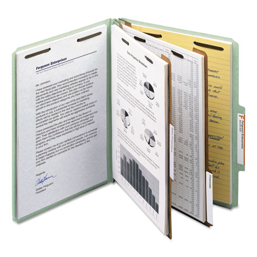 Picture of Recycled Pressboard Classification Folders, 2" Expansion, 2 Dividers, 6 Fasteners, Letter Size, Gray-Green, 10/Box