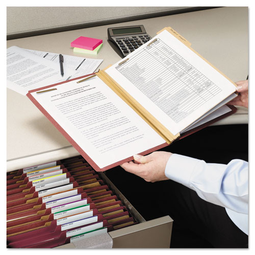 Picture of Pressboard Classification Folders, Six SafeSHIELD Fasteners, 2/5-Cut Tabs, 2 Dividers, Letter Size, Red, 10/Box