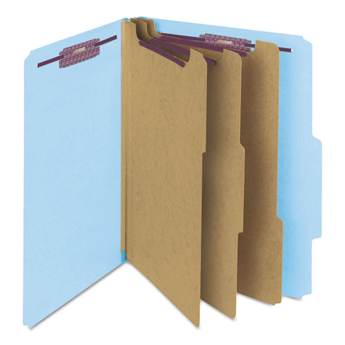 Picture of Pressboard Top Tab Classification Folders, Eight SafeSHIELD Fasteners, 3" Expansion, 3 Dividers, Letter Size, Blue, 10/Box