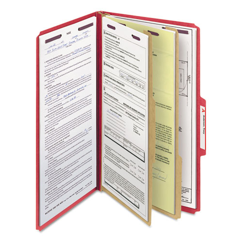 Picture of Six-Section Pressboard Top Tab Classification Folders, Six SafeSHIELD Fasteners, 2 Dividers, Legal Size, Bright Red, 10/Box