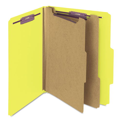 Picture of Six-Section Pressboard Top Tab Classification Folders, Six SafeSHIELD Fasteners, 2 Dividers, Letter Size, Yellow, 10/Box