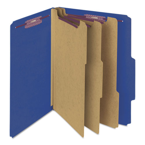 Picture of Eight-Section Pressboard Top Tab Classification Folders, 8 SafeSHIELD Fasteners, 3 Dividers, Letter Size, Dark Blue, 10/Box