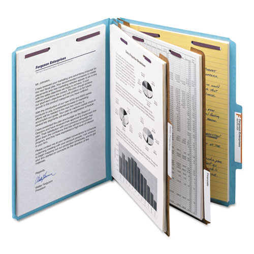 Picture of Six-Section Pressboard Top Tab Classification Folders, Six SafeSHIELD Fasteners, 2 Dividers, Letter Size, Blue, 10/Box