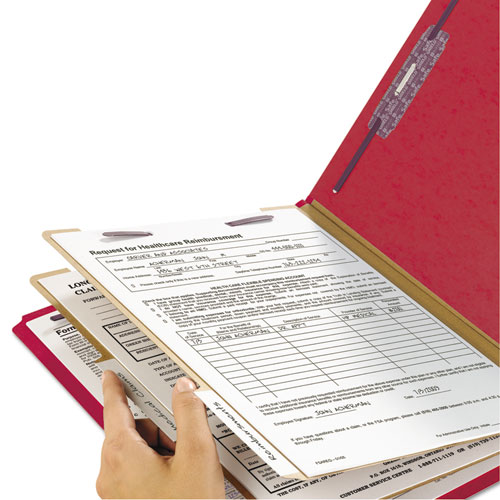 Picture of Six-Section Pressboard Top Tab Classification Folders, Six SafeSHIELD Fasteners, 2 Dividers, Legal Size, Bright Red, 10/Box