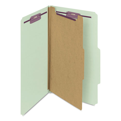 Picture of Pressboard Classification Folders, Four SafeSHIELD Fasteners, 2/5-Cut Tabs, 1 Divider, Legal Size, Gray-Green, 10/Box