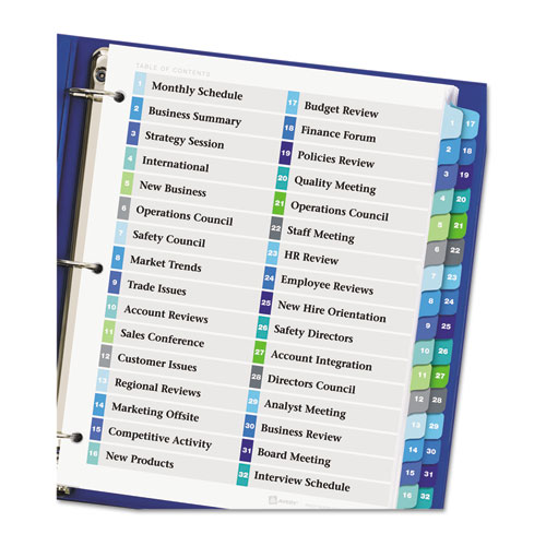 Picture of Customizable TOC Ready Index Double Column Multicolor Tab Dividers, 32-Tab, 1 to 32, 11 x 8.5, White, 1 Set