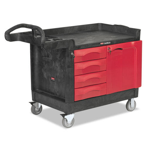 Picture of TradeMaster Cart with One Door, Plastic, 3 Shelves, 4 Drawers, 750 lb Capacity, 26.25" x 49" x 38", Black