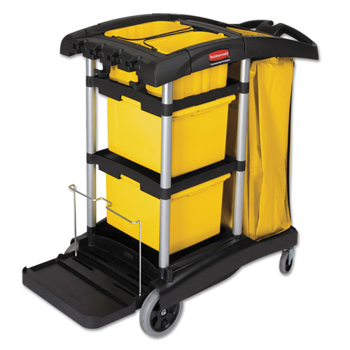 Picture of HYGEN Microfiber Healthcare Cleaning Cart, Plastic, 3 Shelves, 5 Bins, 22" x 48.25" x 44", Yellow/Black/Silver