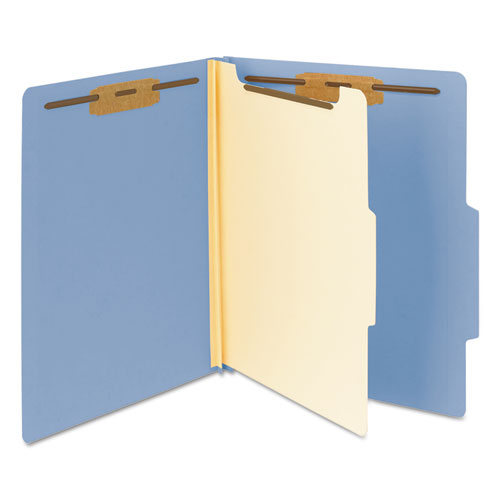 Picture of Top Tab Classification Folders, Four SafeSHIELD Fasteners, 2" Expansion, 1 Divider, Letter Size, Blue Exterior, 10/Box