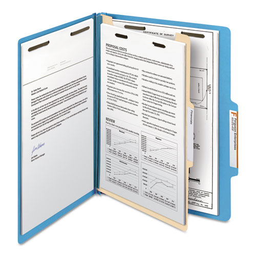 Picture of Top Tab Classification Folders, Four SafeSHIELD Fasteners, 2" Expansion, 1 Divider, Letter Size, Blue Exterior, 10/Box