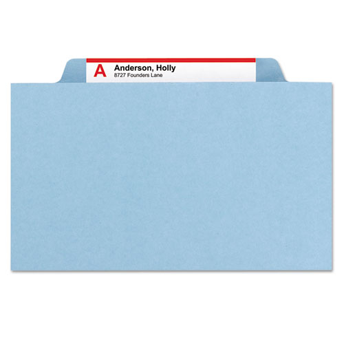 Picture of Four-Section Pressboard Top Tab Classification Folders, Four SafeSHIELD Fasteners, 1 Divider, Legal Size, Blue, 10/Box