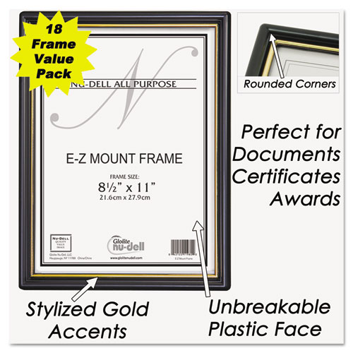 Picture of EZ Mount Document Frame with Trim Accent and Plastic Face, Plastic, 8.5 x 11 Insert, Black/Gold, 18/Carton