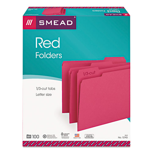 Picture of File Folders, 1/3 Cut Top Tab, Letter, Red, 100/Box