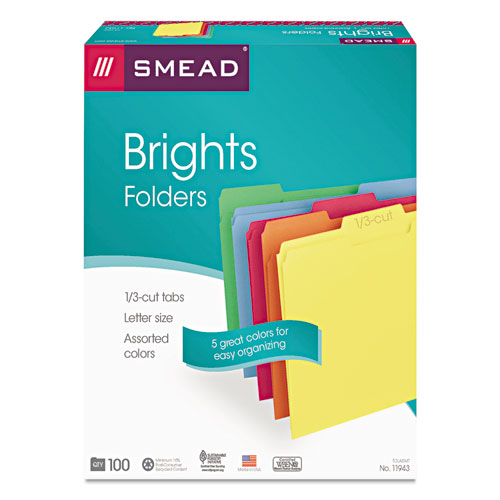 Picture of File Folders, 1/3 Cut Top Tab, Letter, Bright Assorted Colors, 100/Box