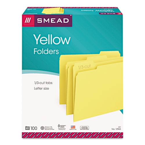 Picture of Colored File Folders, 1/3-Cut Tabs, Letter Size, Yellow, 100/Box