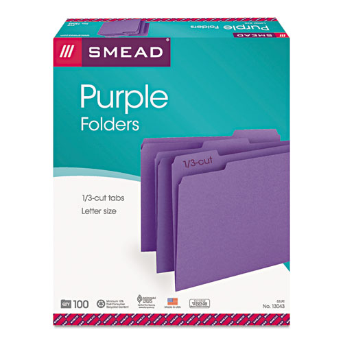 Picture of File Folders, 1/3 Cut Top Tab, Letter, Purple, 100/Box