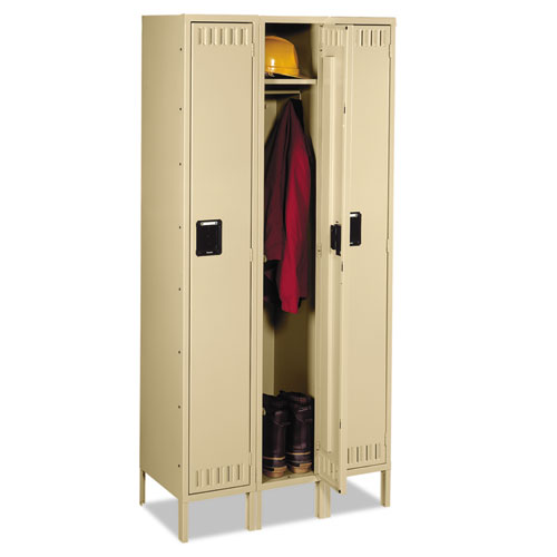 Picture of Single-Tier Locker with Legs, Three Lockers with Hat Shelves and Coat Rods, 36w x 18d x 78h, Sand
