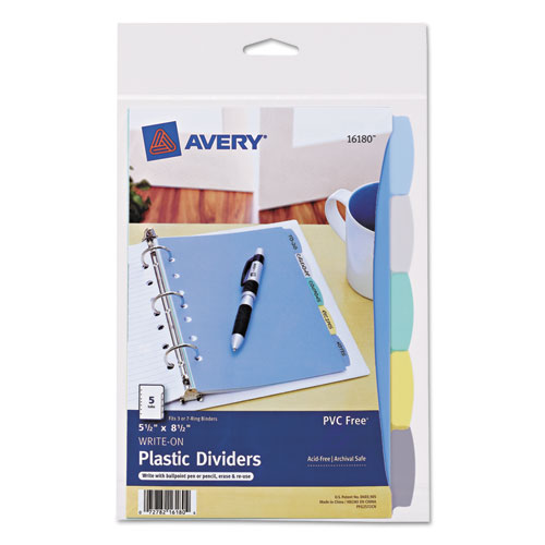 Picture of Write and Erase Durable Plastic Dividers with Pocket, 7-Hole Punched, 5-Tab, 8.5 x 5.5, Assorted, 1 Set