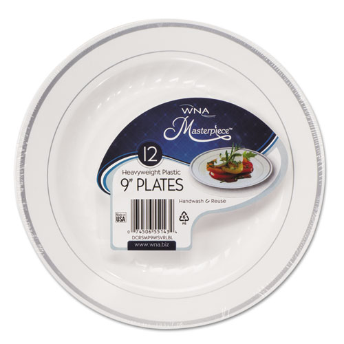 Picture of Masterpiece Plastic Dinnerware, 9" dia, White/Silver, 10/Pack