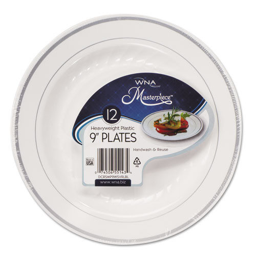 Picture of Masterpiece Plastic Plates, 9" dia, White/Silver, 10/Pack, 12 Packs/Carton