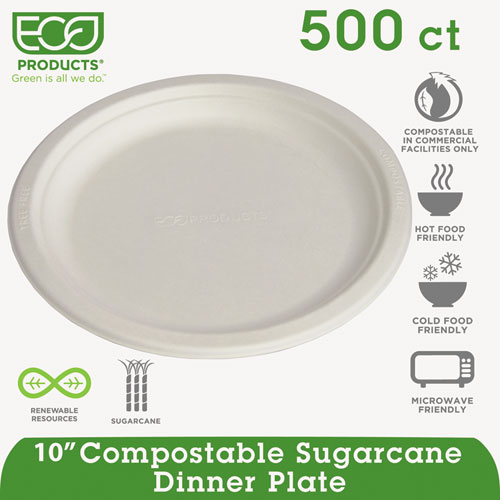 Picture of Renewable Sugarcane Plates, 10" dia, Natural White, 500/Carton