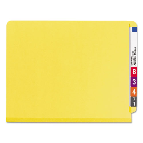 Picture of End Tab Pressboard Classification Folders, Six SafeSHIELD Fasteners, 2" Expansion, 2 Dividers, Letter Size, Yellow, 10/Box