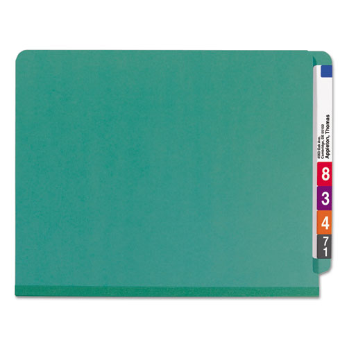 Picture of End Tab Pressboard Classification Folders, Six SafeSHIELD Fasteners, 2" Expansion, 2 Dividers, Letter Size, Green, 10/Box